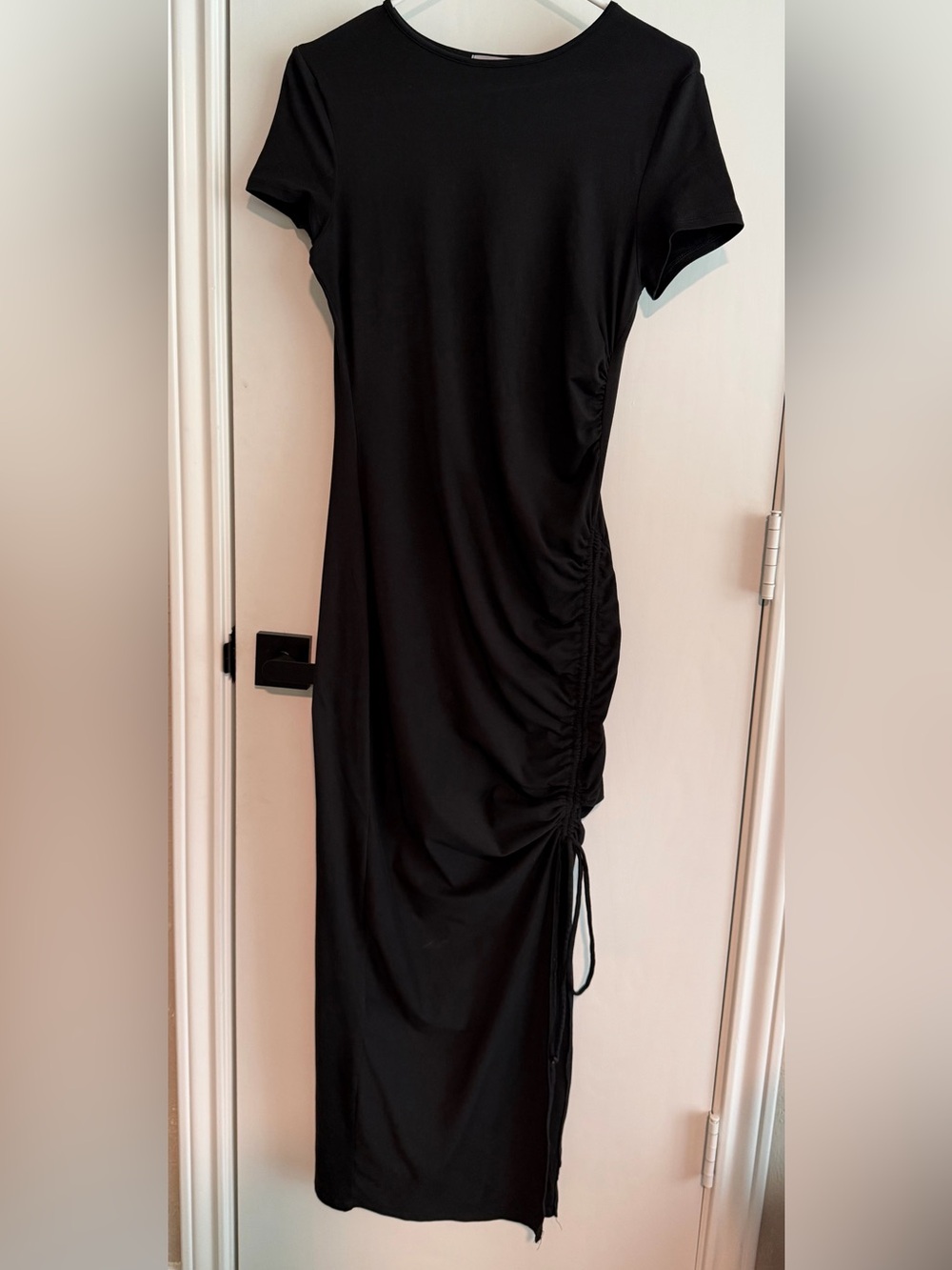 Black Ruched Side Tie Maxi Dress - Women size L stretch Minimalist